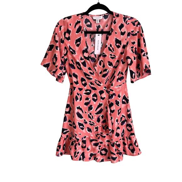 Topshop Dresses & Skirts - TOPSHOP Mini Dress Womens 2 Leopard Surplice Wrap Shift Ruffle Button Pink NWT